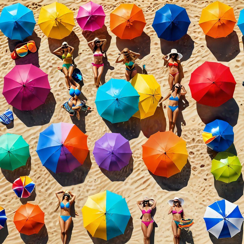 A vibrant beach scene showcasing a diverse group of stylish women in trendy bikinis and beachwear, basking in the sun with colorful beach umbrellas in the background. Include playful beach accessories like sunglasses and beach balls, with a picturesque ocean view and golden sand. The atmosphere should exude a sense of fun, fashion, and summer vibes. super-realistic. vibrant colors. 3D.