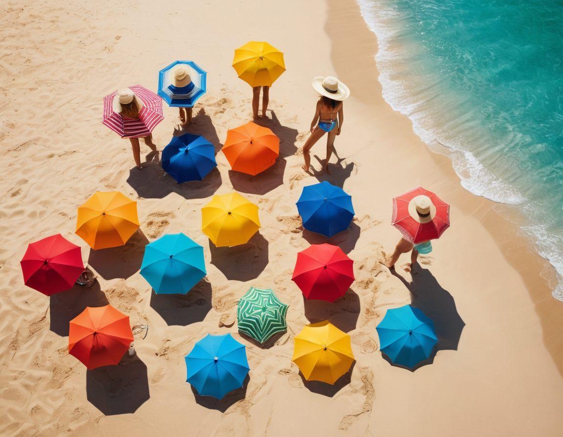 A stylish beach scene showcasing a diverse group of people wearing trendy beachwear, including colorful swimsuits, wide-brimmed hats, and beach cover-ups. Add vibrant beach umbrellas and sun hats, sandy shores, and a clear blue ocean to enhance the summer vibe. Bright sunlight casting playful shadows on the sand, with beach accessories like sunglasses and beach balls scattered throughout. Vibrant colors. super-realistic.